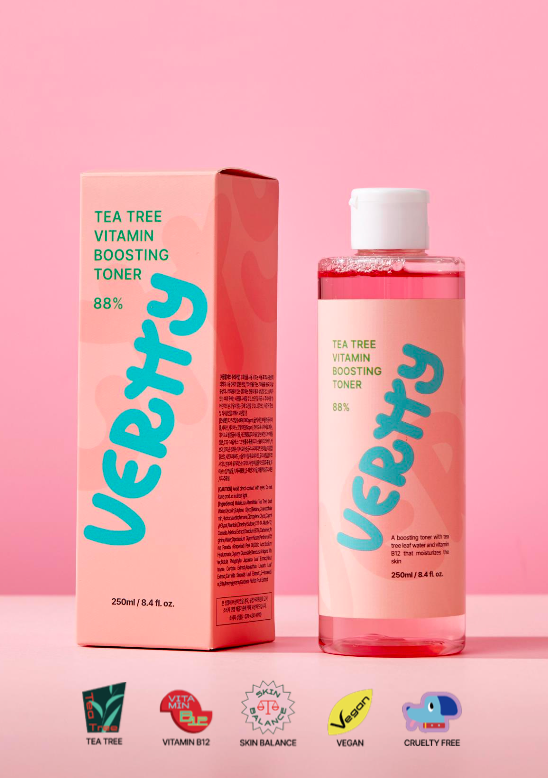 VERTTY tea tree vitamin boosting toner bottle and box on a pink background