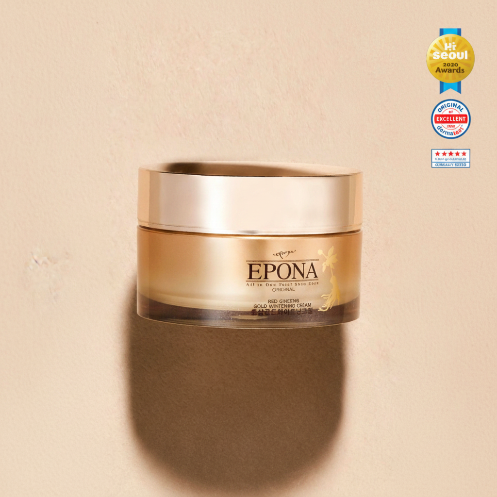 Epona gold jar on a beige background with awards displayed.