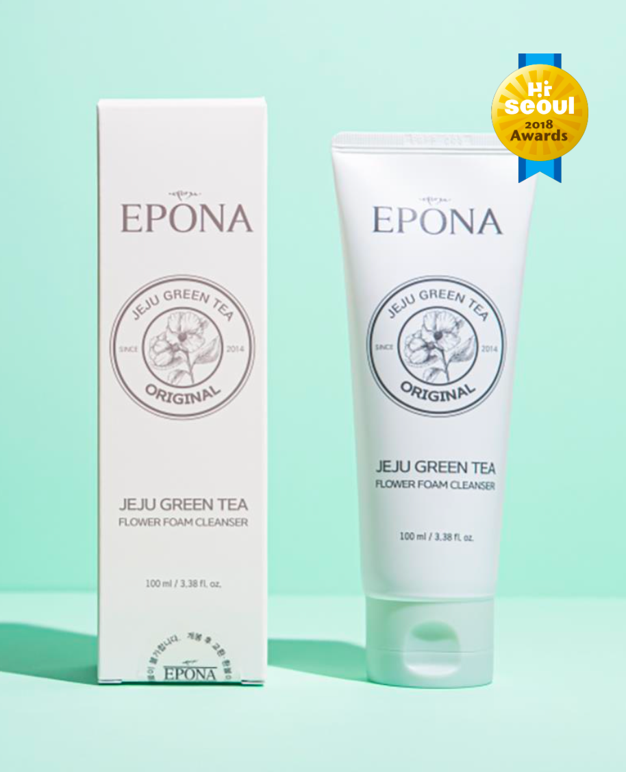 Epona Jeju Green Tea Flower Foam Cleanser with packaging on a light green background
