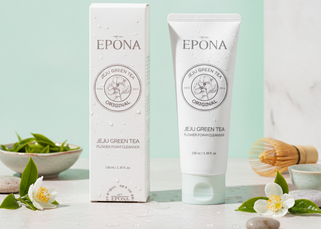 Epona Jeu Green Tea Flower Foam Cleanser shown with its white box and matching squeeze tube, styled on a light marble surface with green tea leaves, white flowers, and a bamboo whisk against a mint and white background. A blue 'First in Canada' banner appears in the top right.