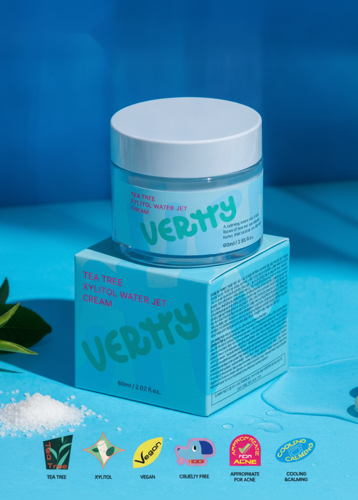 A jar of VERRTY cooling water jet cream sits on top of its matching blue box, styled on a bright blue surface with a blue background. A small green leaf, white powder, and two white gel drops are placed around it.